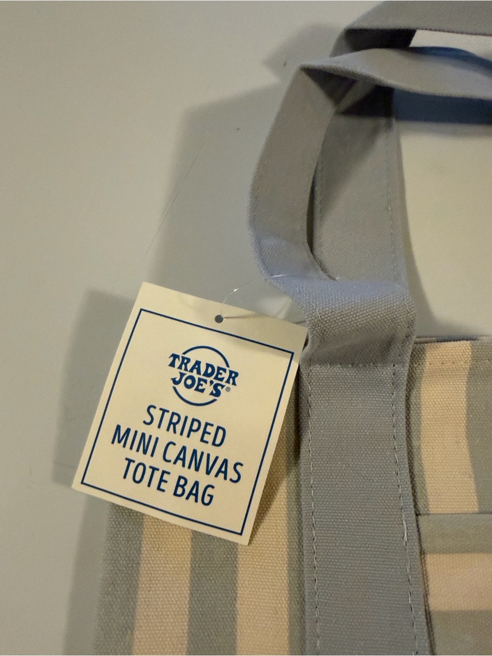 Trader Joe’s Striped Mini Canvas Tote Bag Blue & Cream NWT Reusable Grocery Bag - Picture 4 of 8